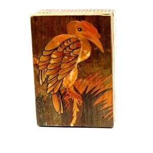 Vintage Chinese Wood Bamboo Straw Marquetry Bird Jewelry Trinket Box